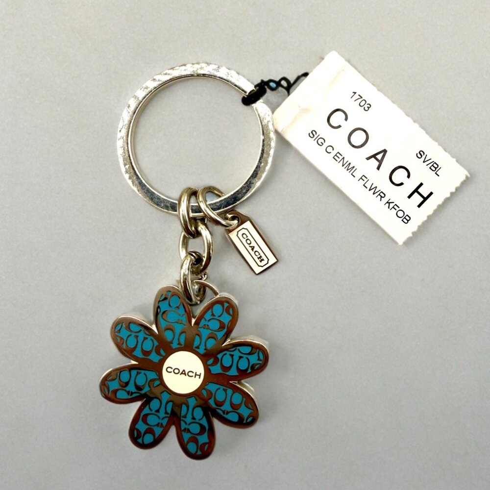 Coach Blue Signature Daisy Flower Metal Key Ring Keychain